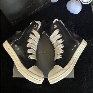 Rick Owens Black and Cream High-Top Sneakers